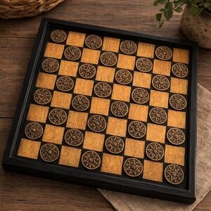 Vintage Vietnamese Hand-Carved Bone Inlay Chess / Checker Board – 13x13in